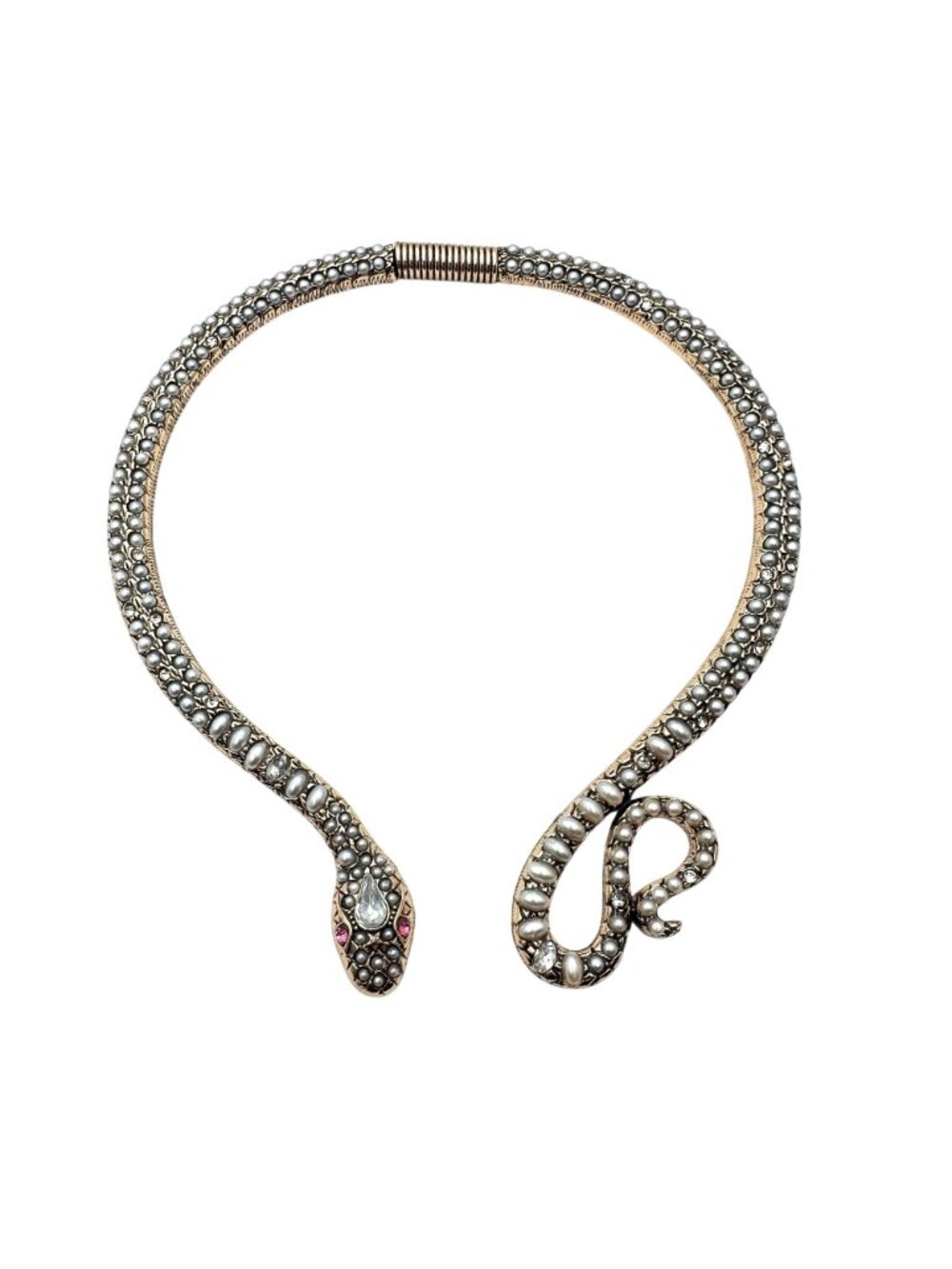 Snake Necklace Faux Pearl Pink Rhinestone Gold Tone Collar Statement Necklace - Picture 3 of 5
